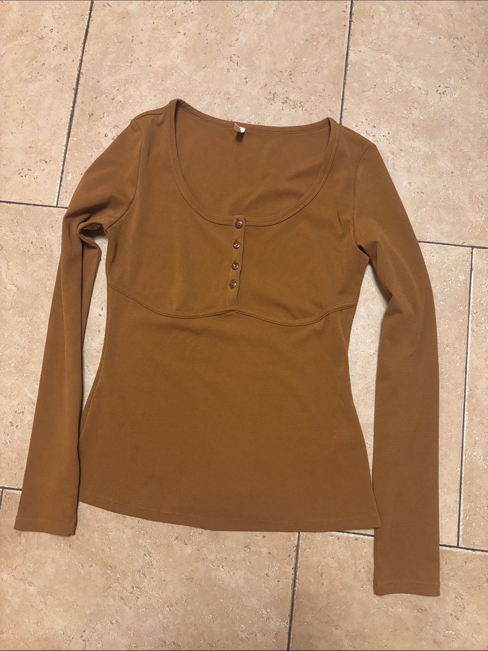 HALARA Brown Long Sleeve Scoop Neck Henley